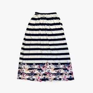 Navy white striped floral preppy maxi skirt coastal nautical - size small